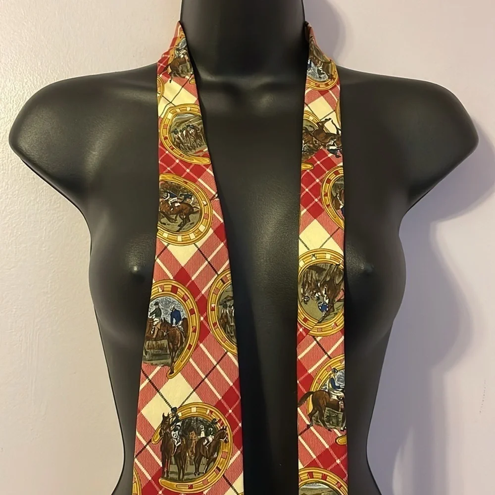 Lands’ End Vintage Horse Racing Horseshoe Plaid 100% Silk Necktie Tie